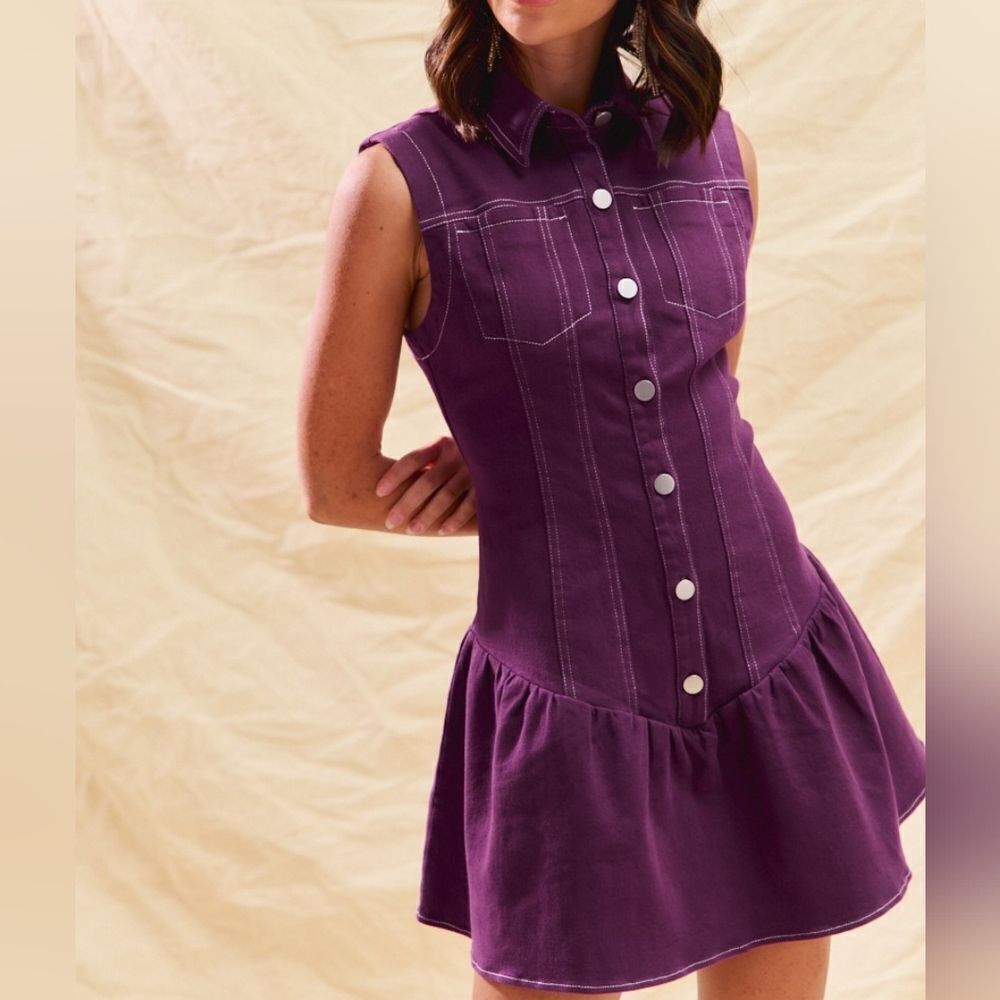 Purple Sleeveless Button-Down Dress White Stitching size Medium - Picture 14 of 14